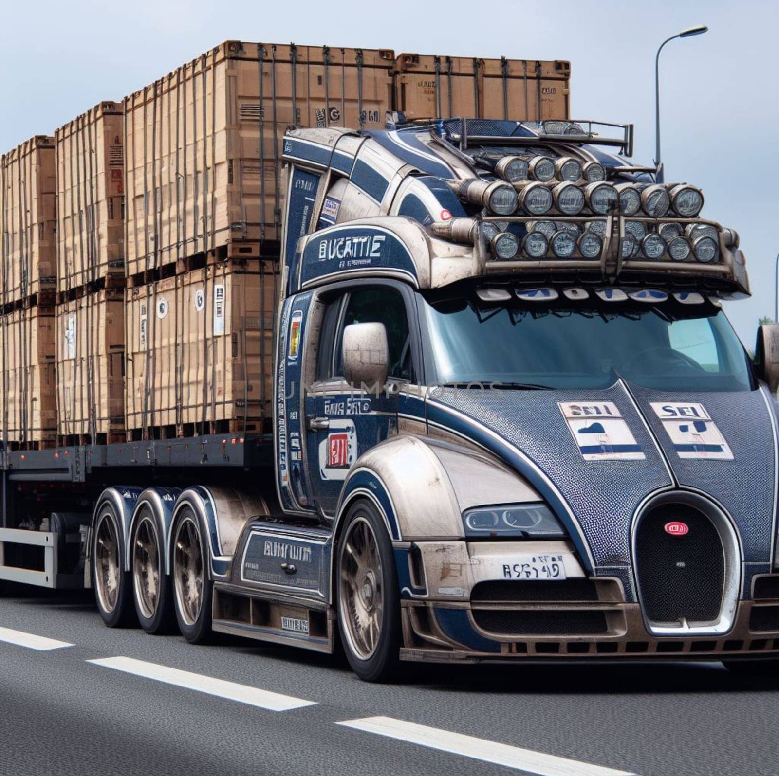 a semi truck design custom conversion supercar speed in motorway with cargo trailer by verbano