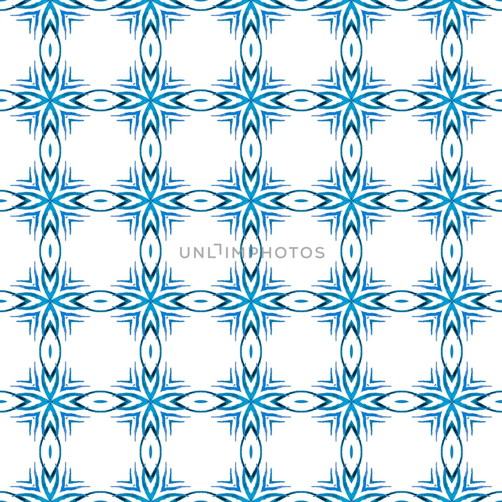 Textile ready shapely print, swimwear fabric, wallpaper, wrapping. Blue sublime boho chic summer design. Tiled watercolor background. Hand painted tiled watercolor border.