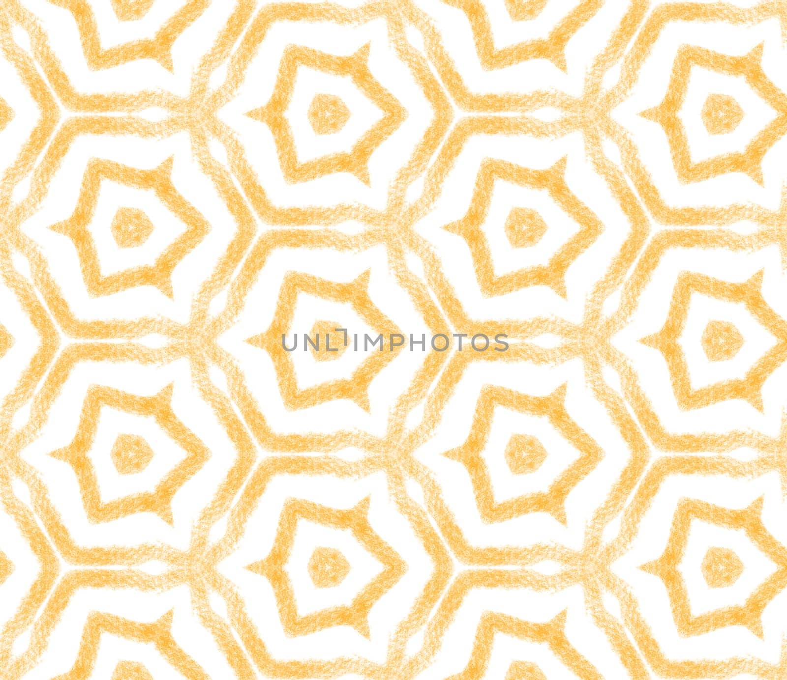 Ethnic hand painted pattern. Yellow symmetrical kaleidoscope background. Summer dress ethnic hand painted tile. Textile ready fair print, swimwear fabric, wallpaper, wrapping.