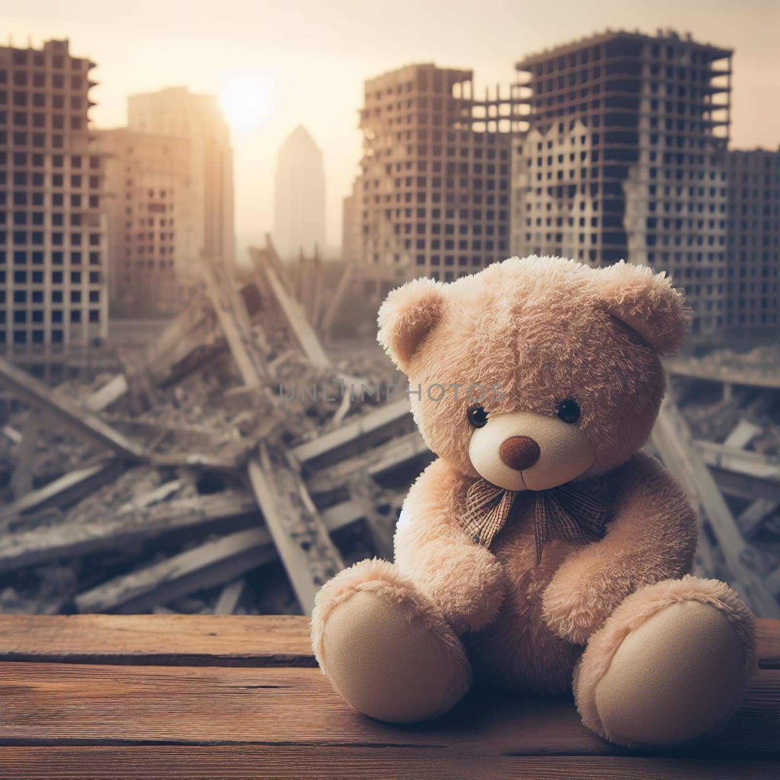 Teddy bear against the backdrop of city ruins. Generative AI by gordiza