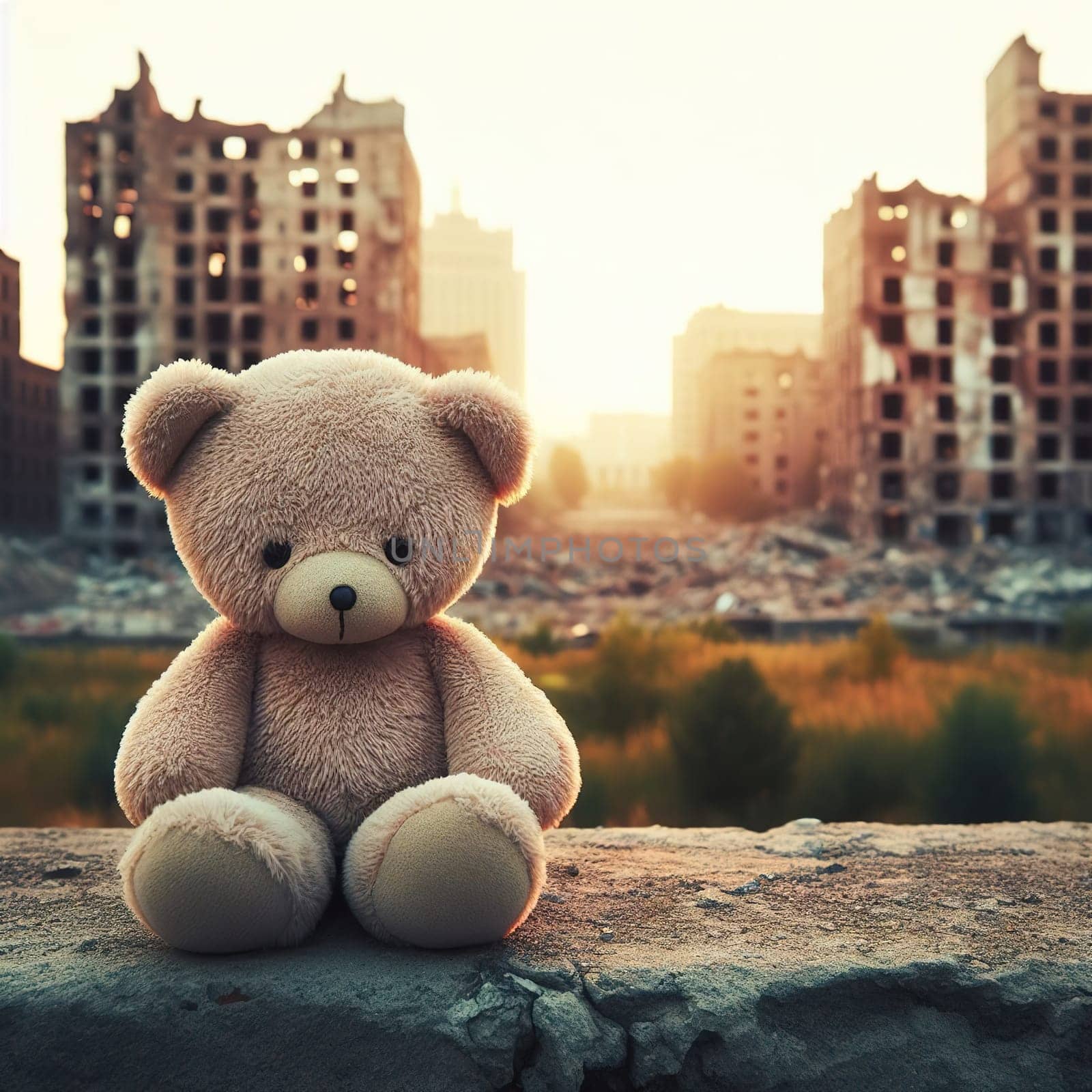 Teddy bear against the backdrop of city ruins. Generative AI. High quality photo
