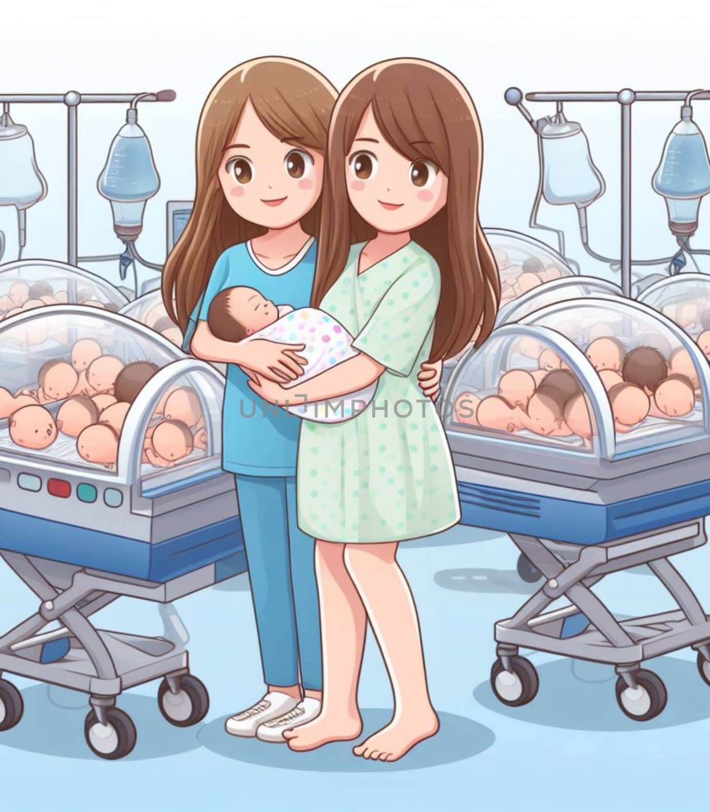 illustration depicting medical staff people at the hospital take care of newborn baby ai generated