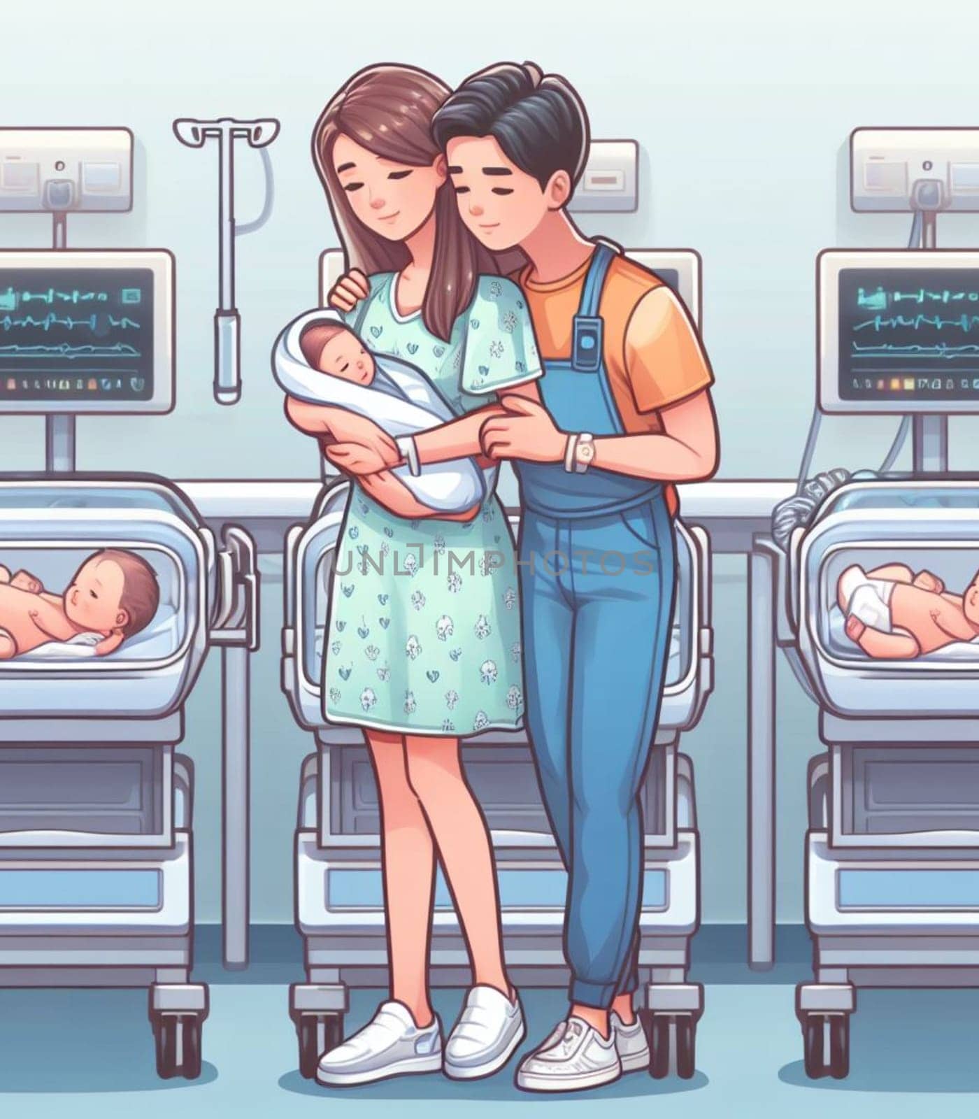 illustration depicting medical staff people at the hospital take care of newborn baby ai generated