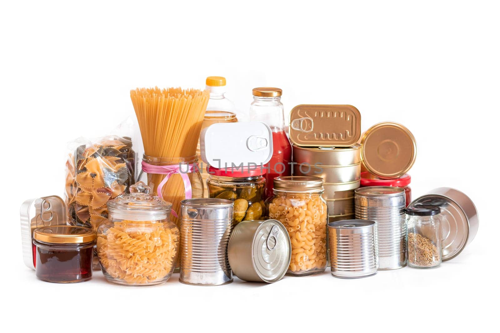 Food Reserves: Canned Food, Spaghetti, Pate, Tuna, Tomato Juice, Pasta, Fish and Grocery - Isolated on White Background. Emergency Food Storage in Case of Crisis. Strategic Food Supplies - Isolation