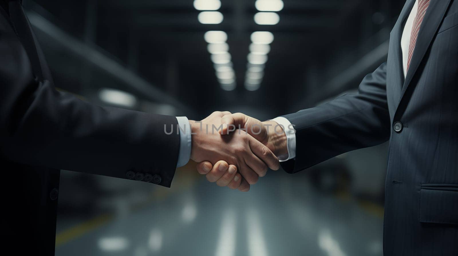 Handshake of men in business suits, close up, indoor.