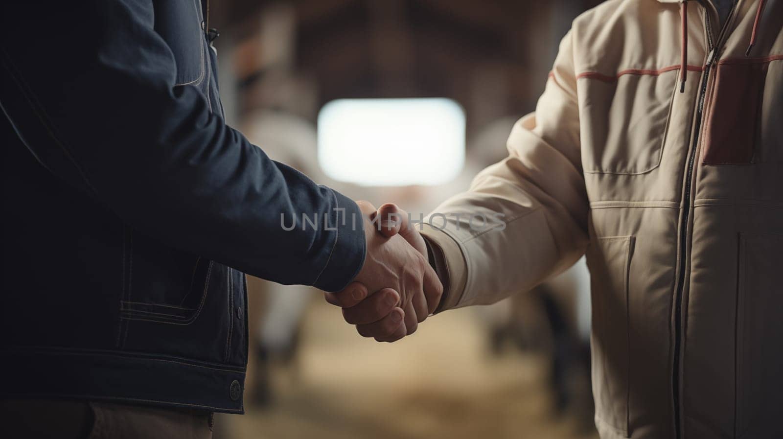 Handshake of two farmers in suits against the background of a hangar stall .
