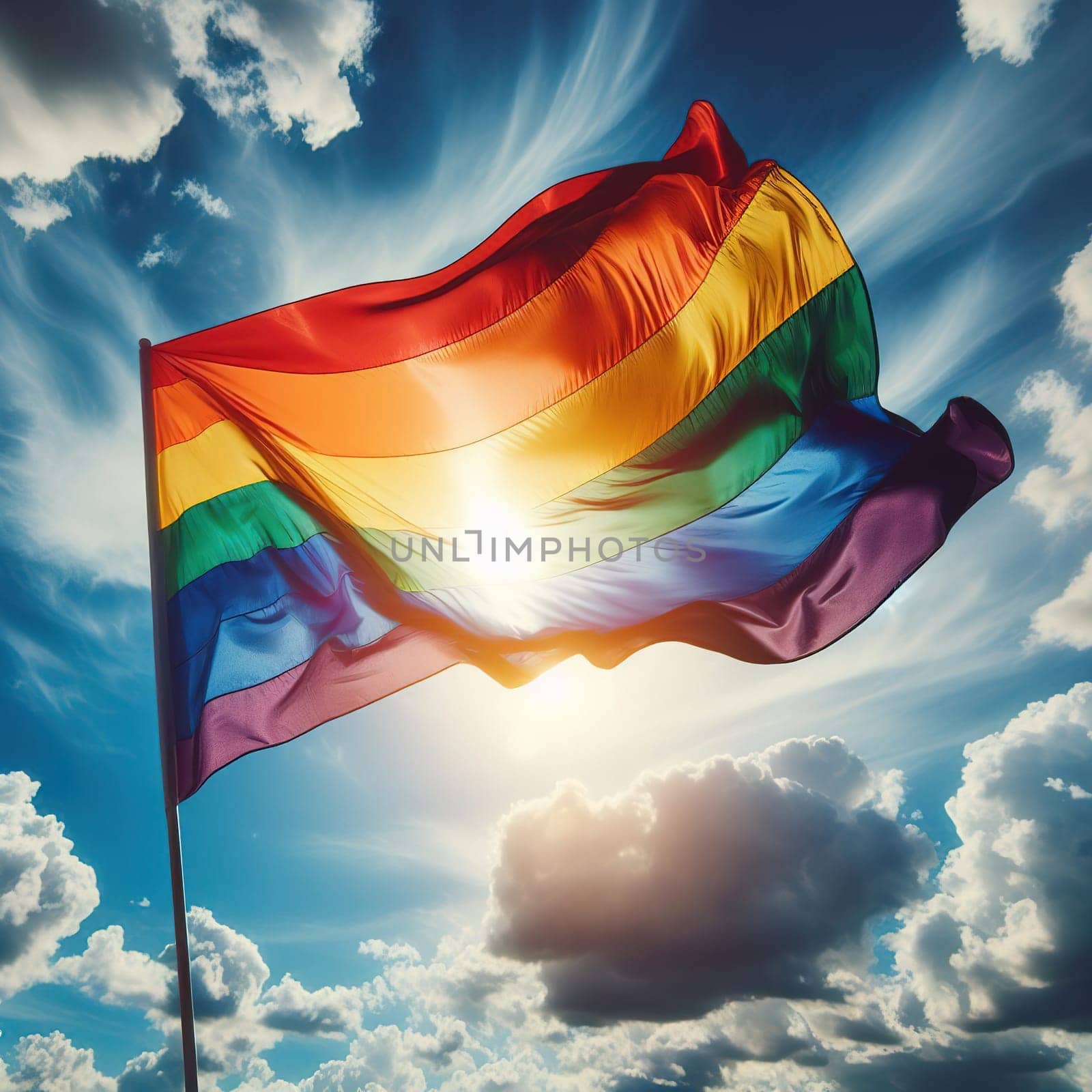 The flag of the LGBT community flutters in the wind against the blue sky. Generative AI. High quality