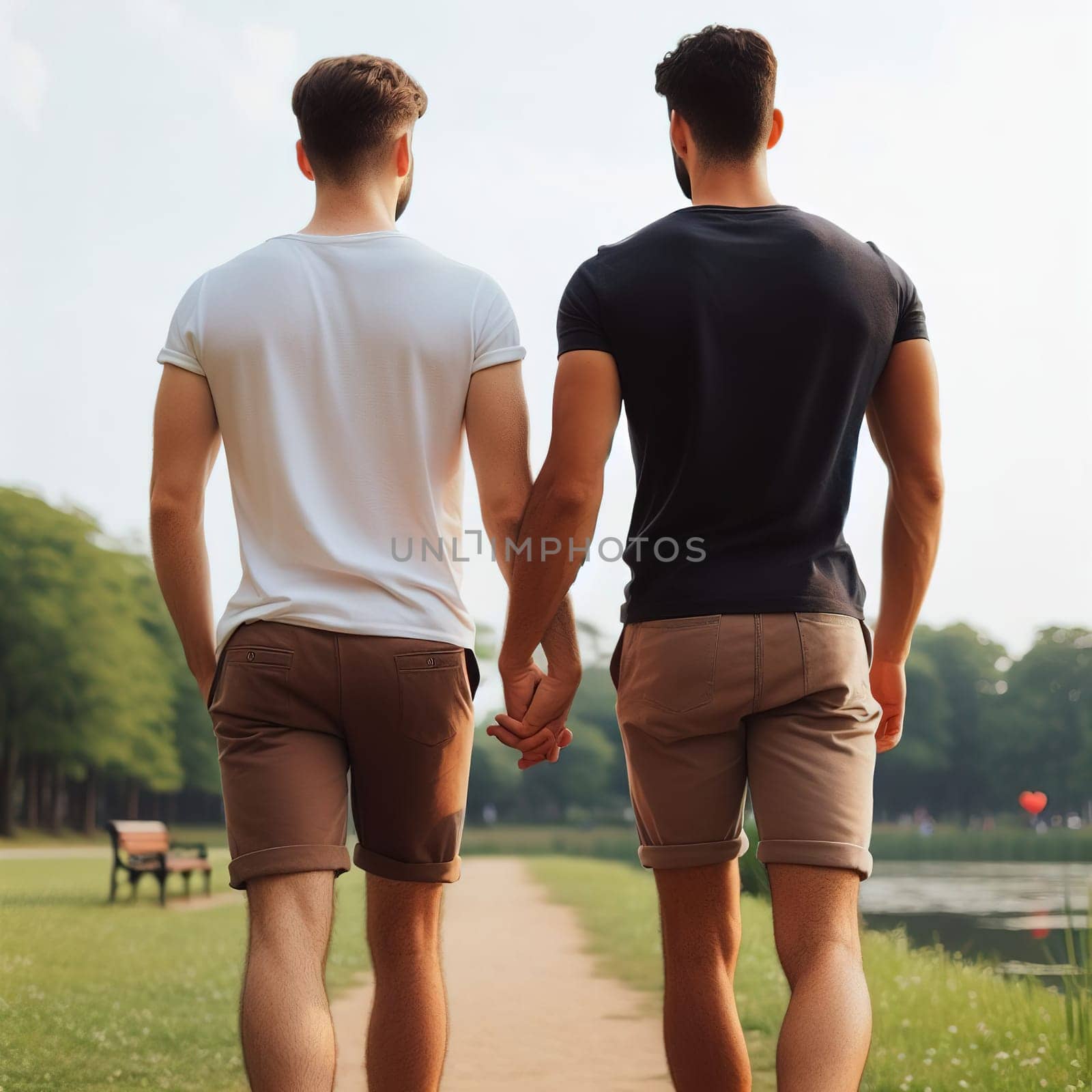 LGBT men holding hands, rear view. High quality Generative AI