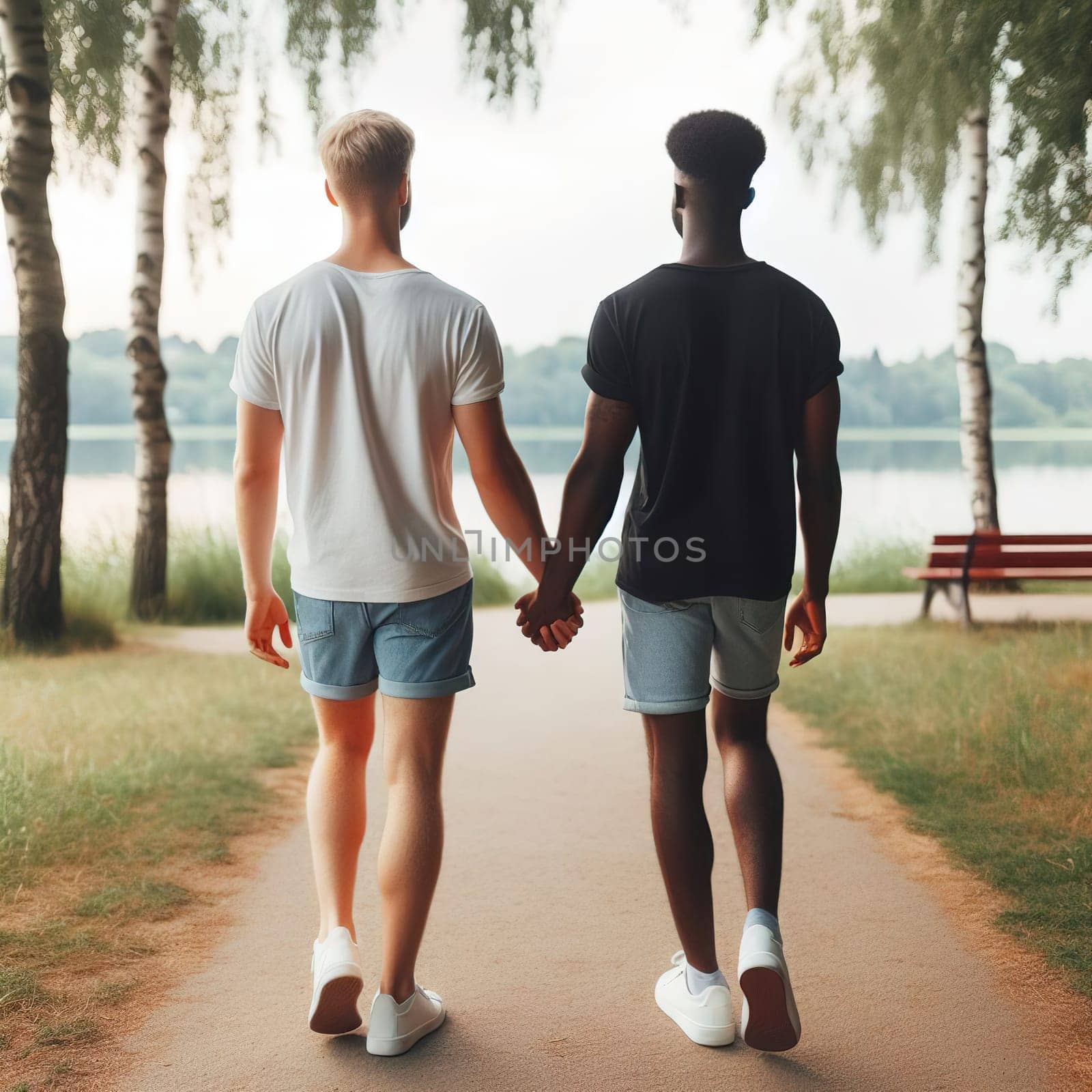 LGBT men holding hands, rear view. High quality Generative AI