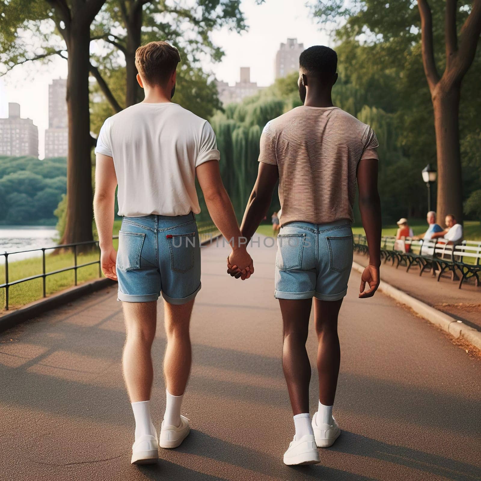 LGBT men holding hands, rear view. Generative AI by gordiza