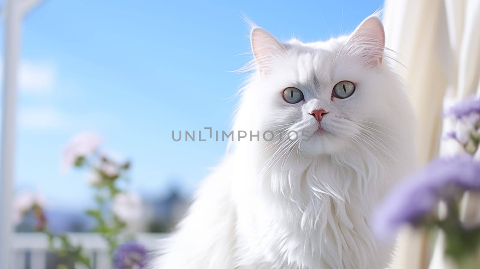 A white cat is sitting on the windowsill surrounded by blue and purple flowers. by Zakharova