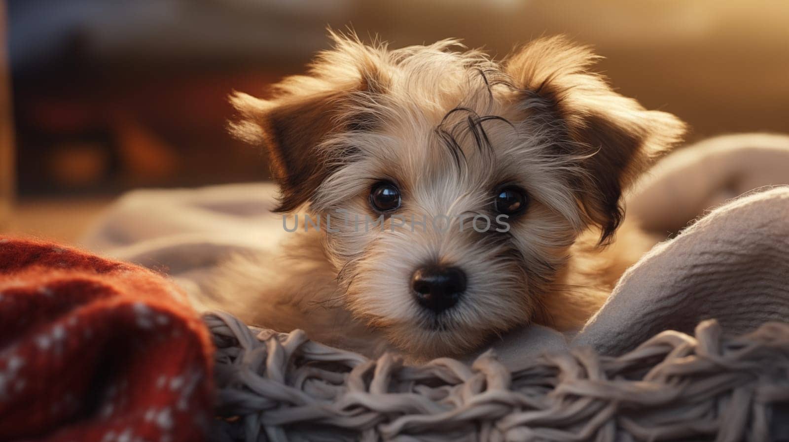 Cute brown terrier puppy lying on a knitted blanket, warm light by Zakharova