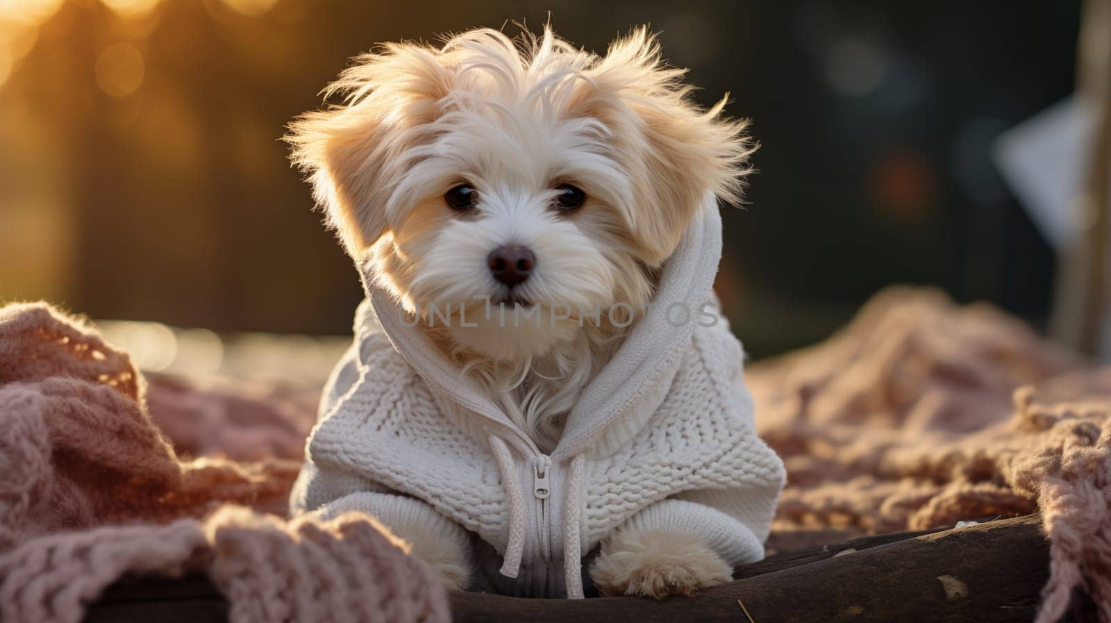 Cute white terrier puppy in white sweater lying on a knitted blanket, outdoor.