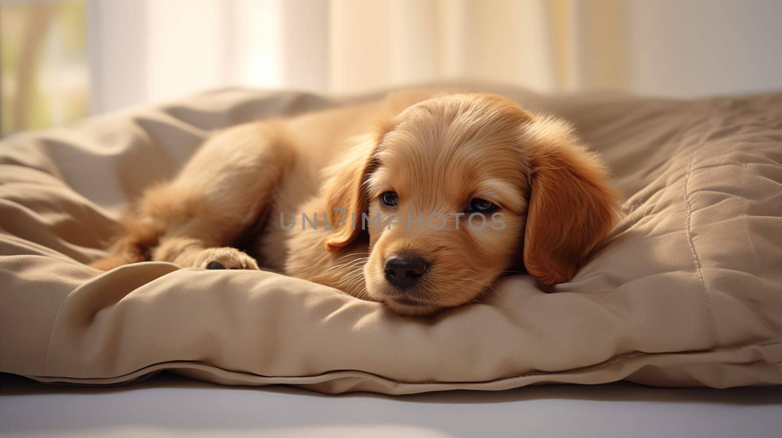 Cute ginger puppy lying on a cozy litter warm light.