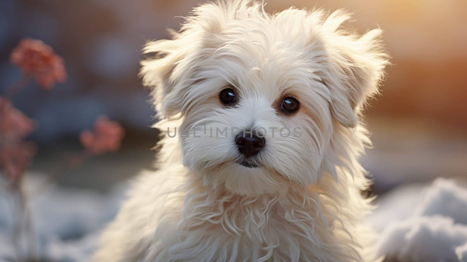 Cute white fluffy puppy in white sweater in snowy park.