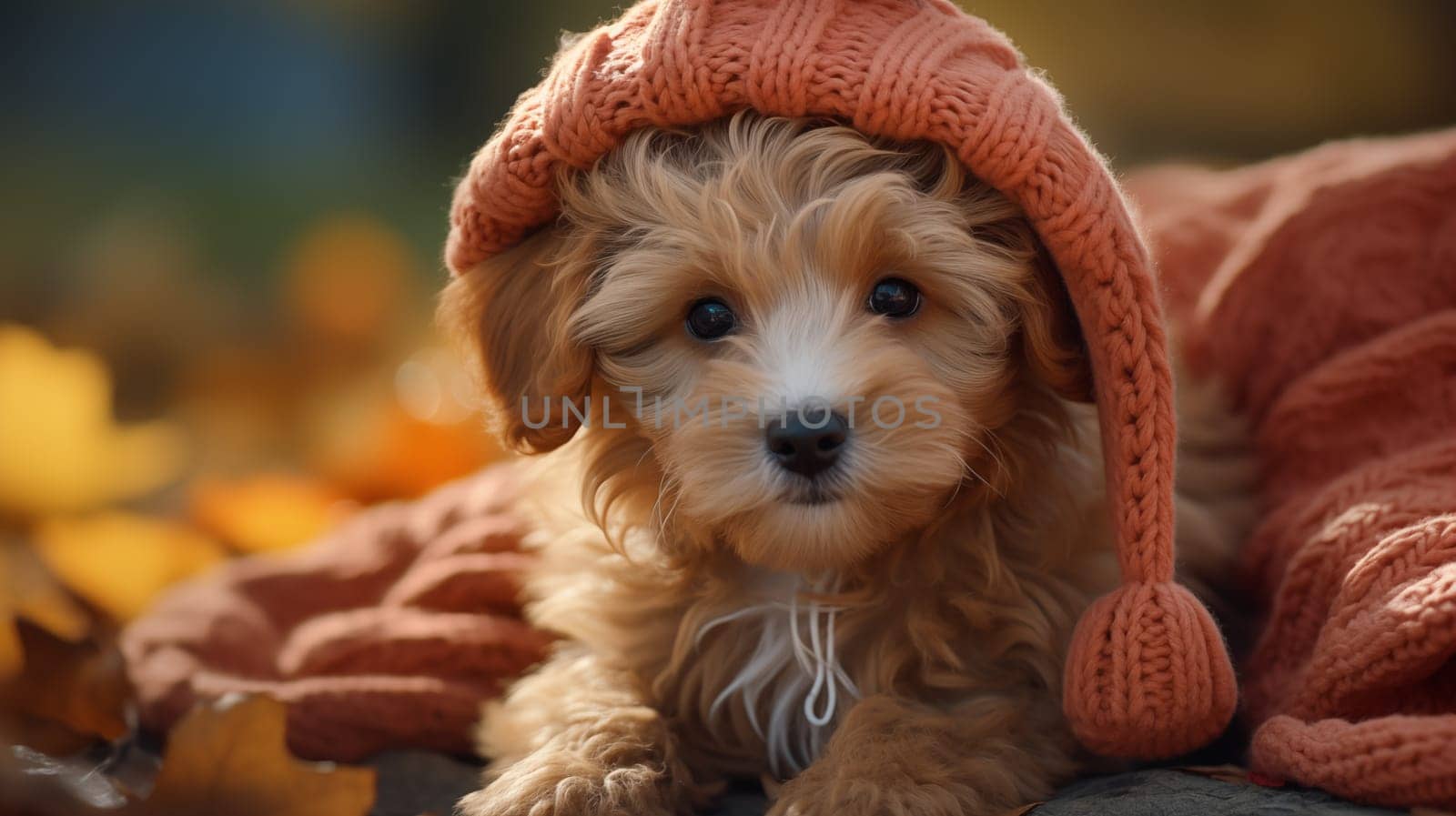 Cute red puppy, in orange cap ,lying against the background of autumn nature by Zakharova