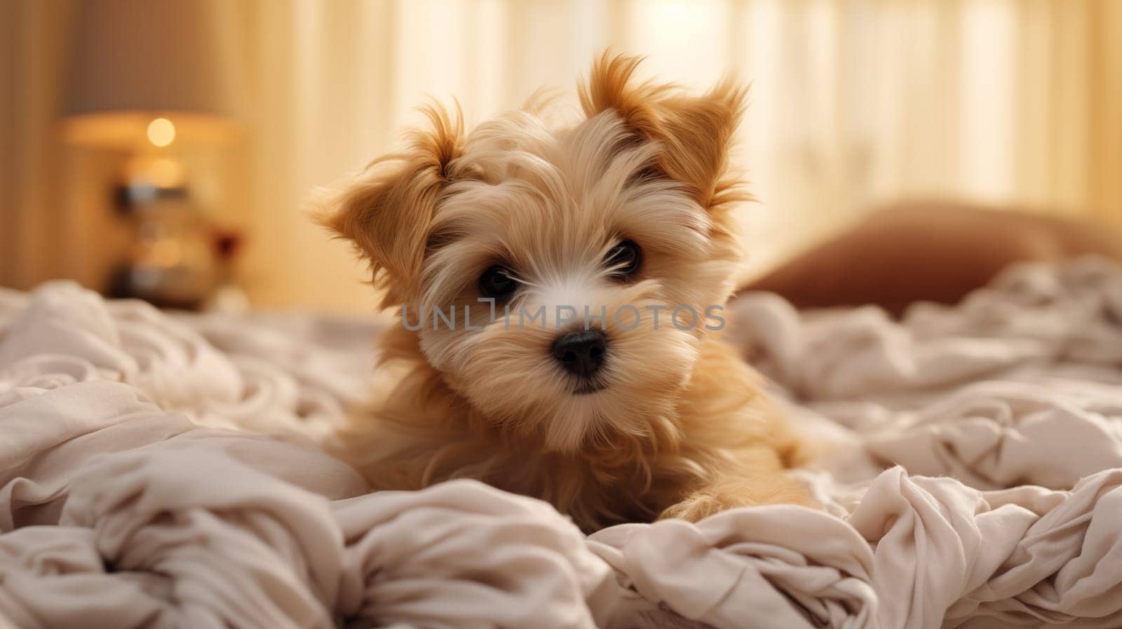 Cute ginger terrier puppy lying on a cozy blanket, at bedroom, warm light.