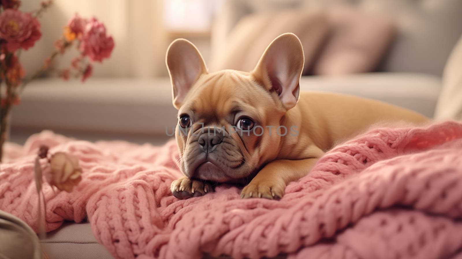 Cute red French bulldog puppy lying on a pink cozy blanket, in the bedroom, warm light.