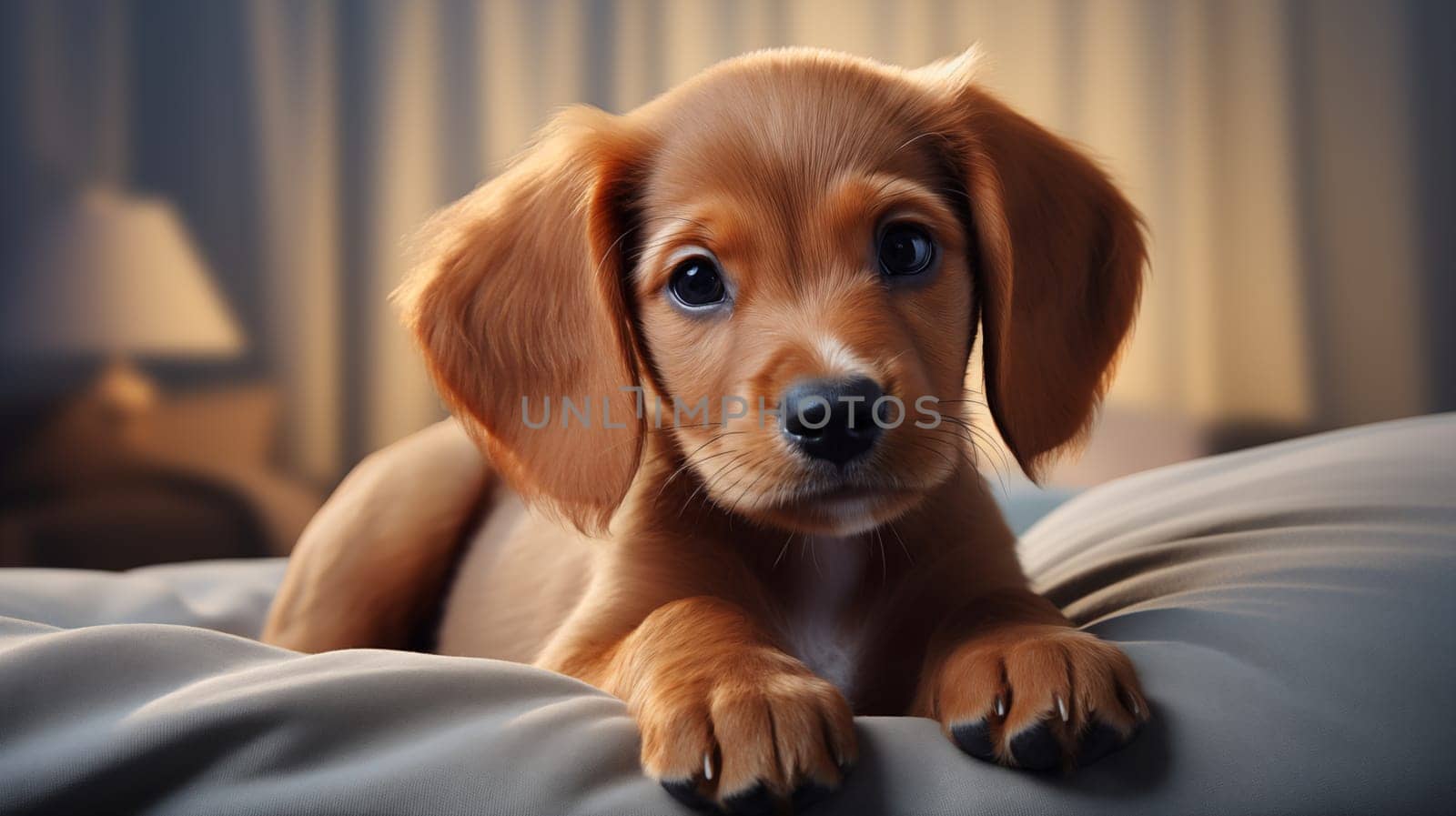 Cute ginger dachshund puppy lying on a cozy blanket, at bedroom, warm light.