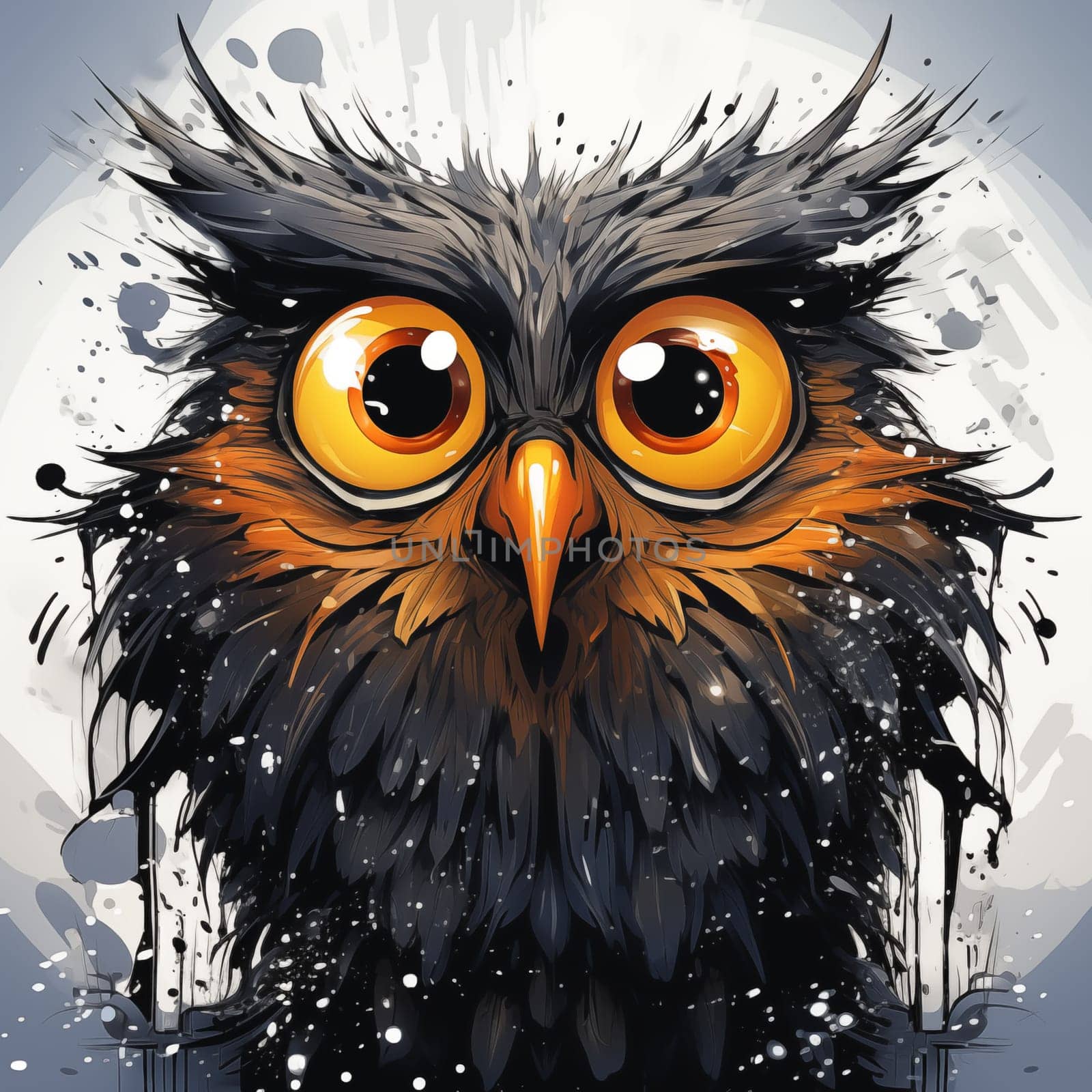 Close-up image of an owl with yellow eyes. Colorful splashes. High quality photo