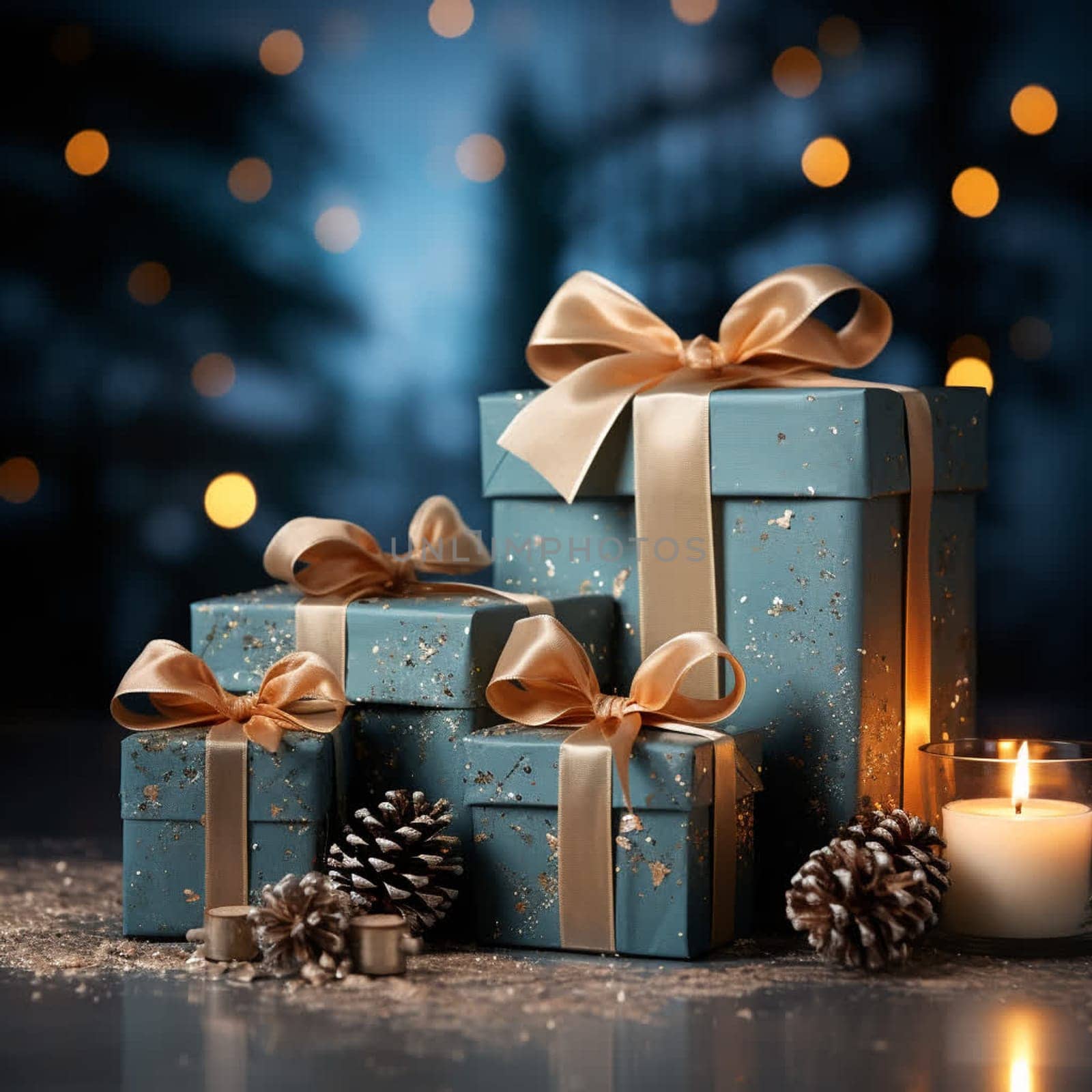 Christmas gifts are decorated in blue and gold. High quality photo