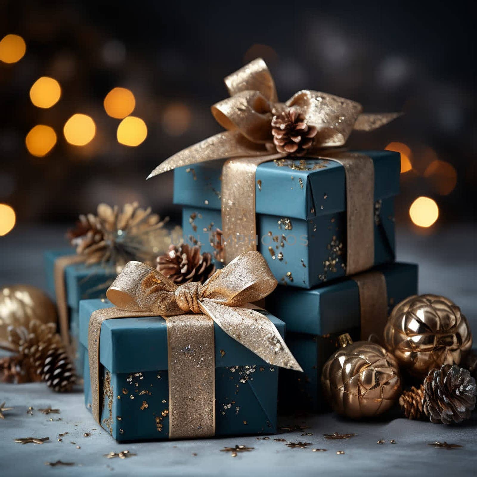 Christmas gifts are decorated in blue and gold by ekaterinabyuksel