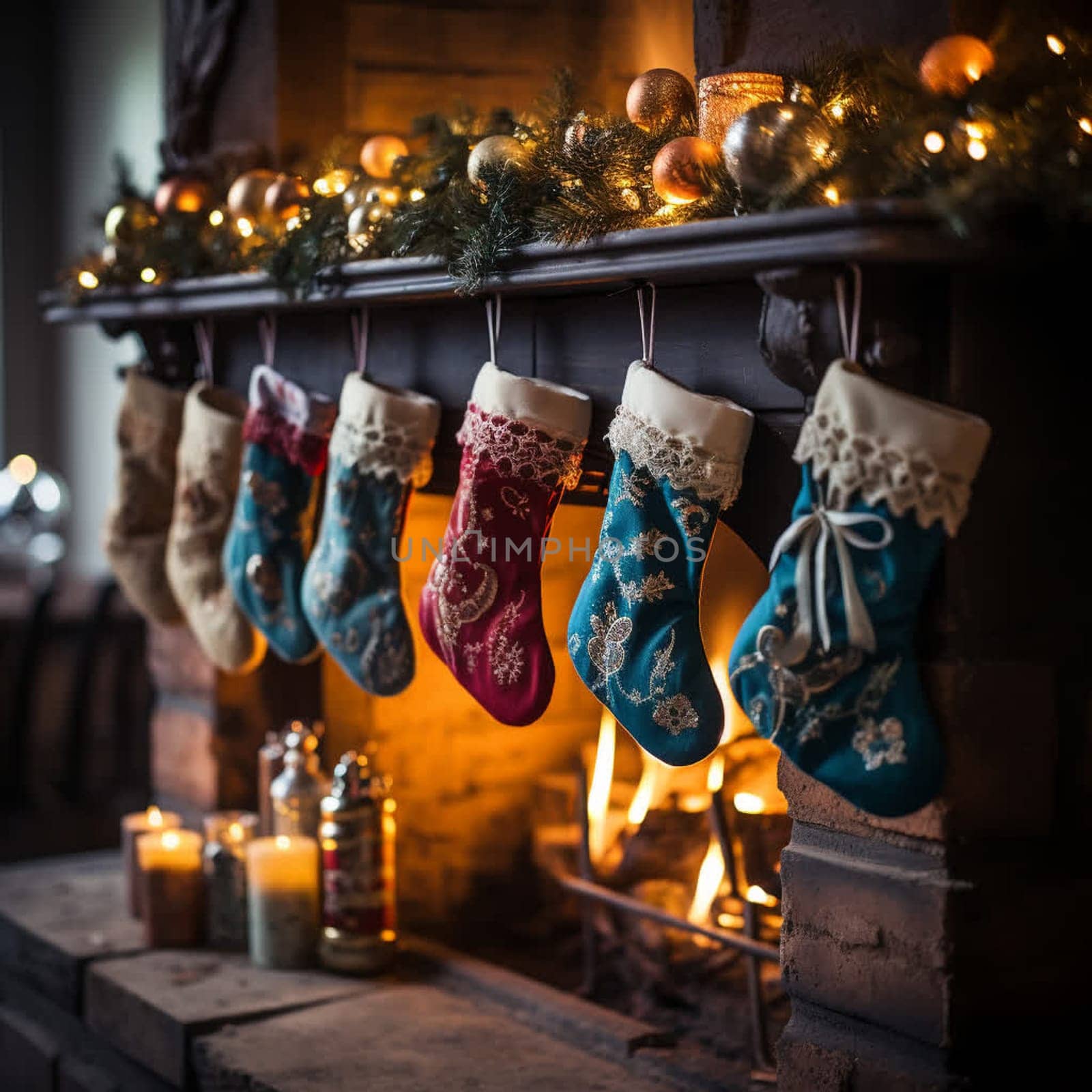 Christmas Socks With Gifts Near Fireplace In Festive Decorated Living Room by ekaterinabyuksel