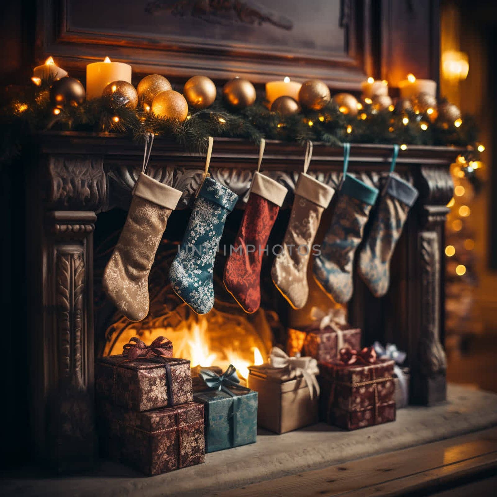 Christmas Socks With Gifts Near Fireplace In Festive Decorated Living Room by ekaterinabyuksel
