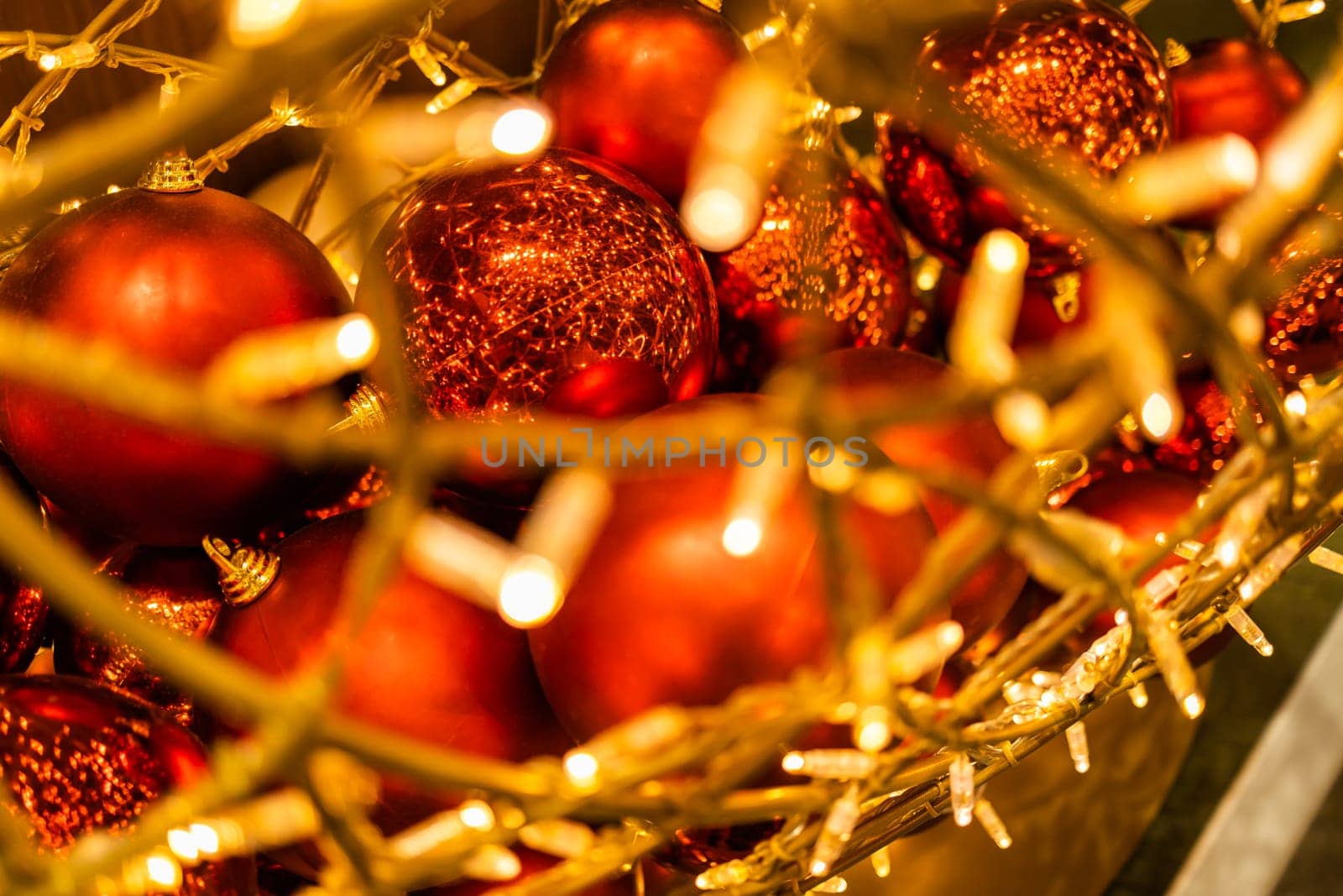 Top view on Christmas decoration baubles festive winter holidays. Copy space and empty space for advertising text, mock up by Satura86