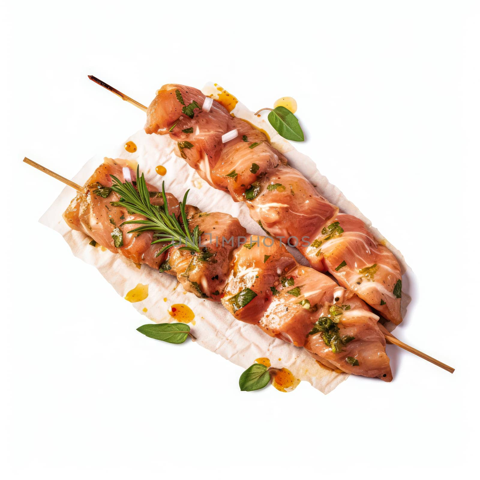 Savor the anticipation, Raw pork slices on skewers, expertly seasoned and ready for culinary mastery. White isolated background for a striking visual appeal