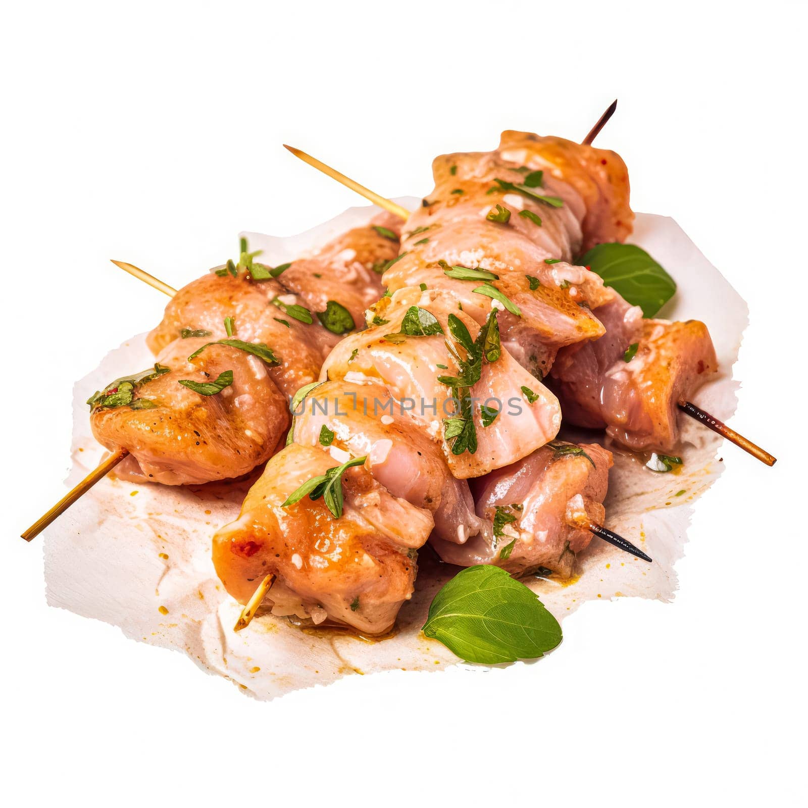 Savor the anticipation, Raw pork slices on skewers, expertly seasoned and ready for culinary mastery. White isolated background for a striking visual appeal