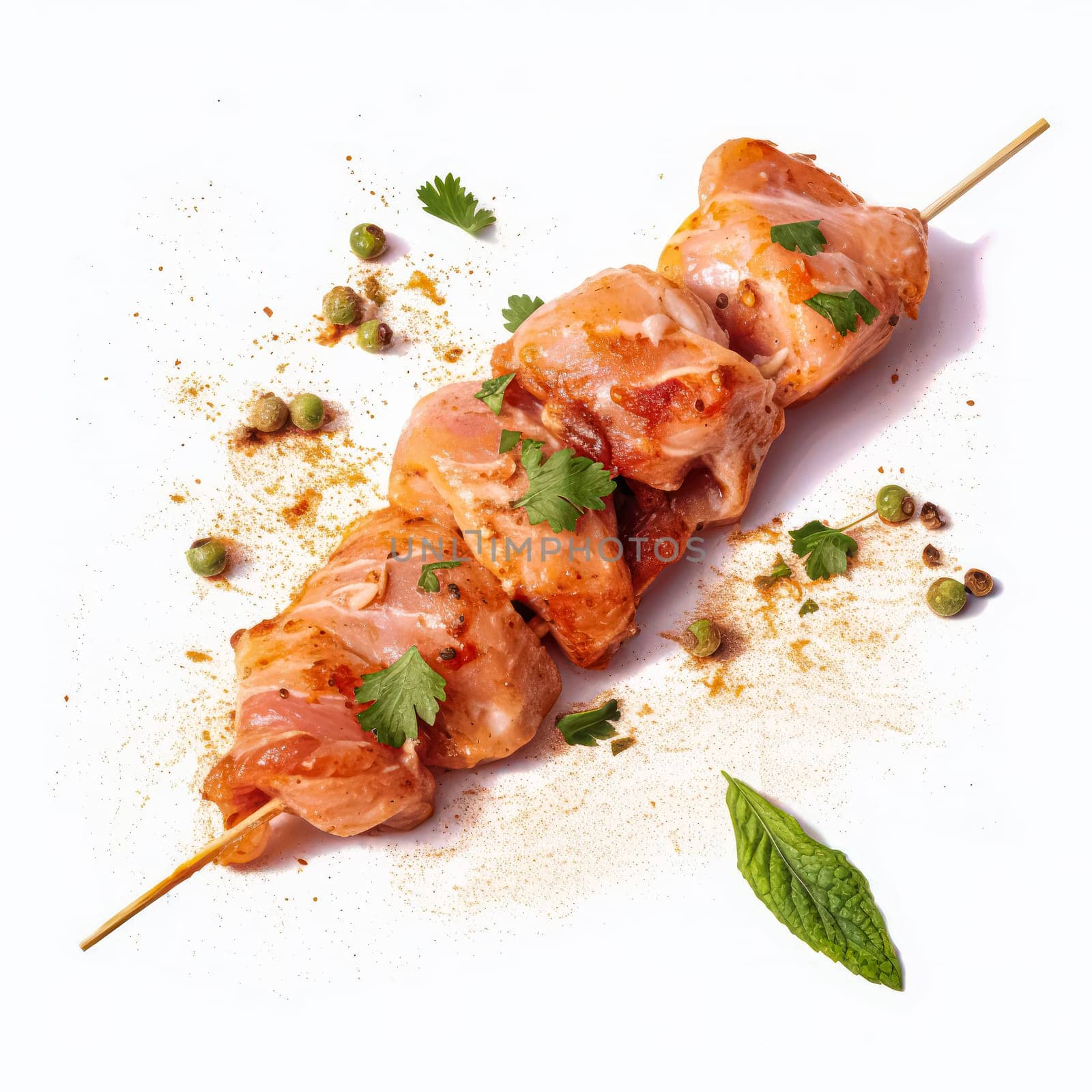 Savor the anticipation, Raw pork slices on skewers, expertly seasoned and ready for culinary mastery. White isolated background for a striking visual appeal