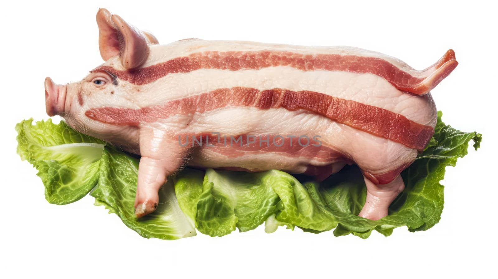 Piglet perfection, Raw meat artfully arranged in the shape of a piglet, capturing culinary creativity on a white isolated background.