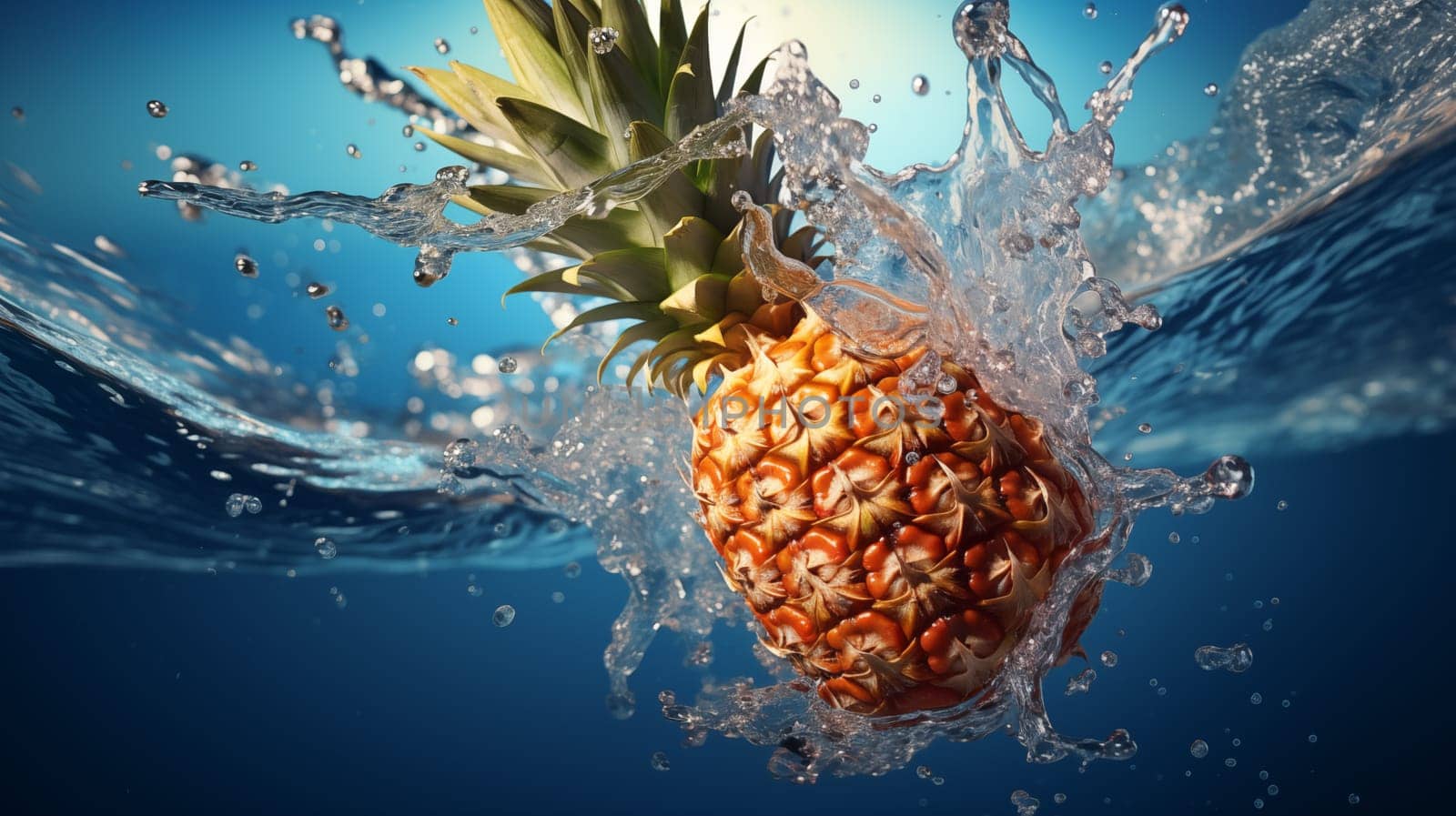Fresh pineapple falls under blue water, with splashes and air bubbles. Close up