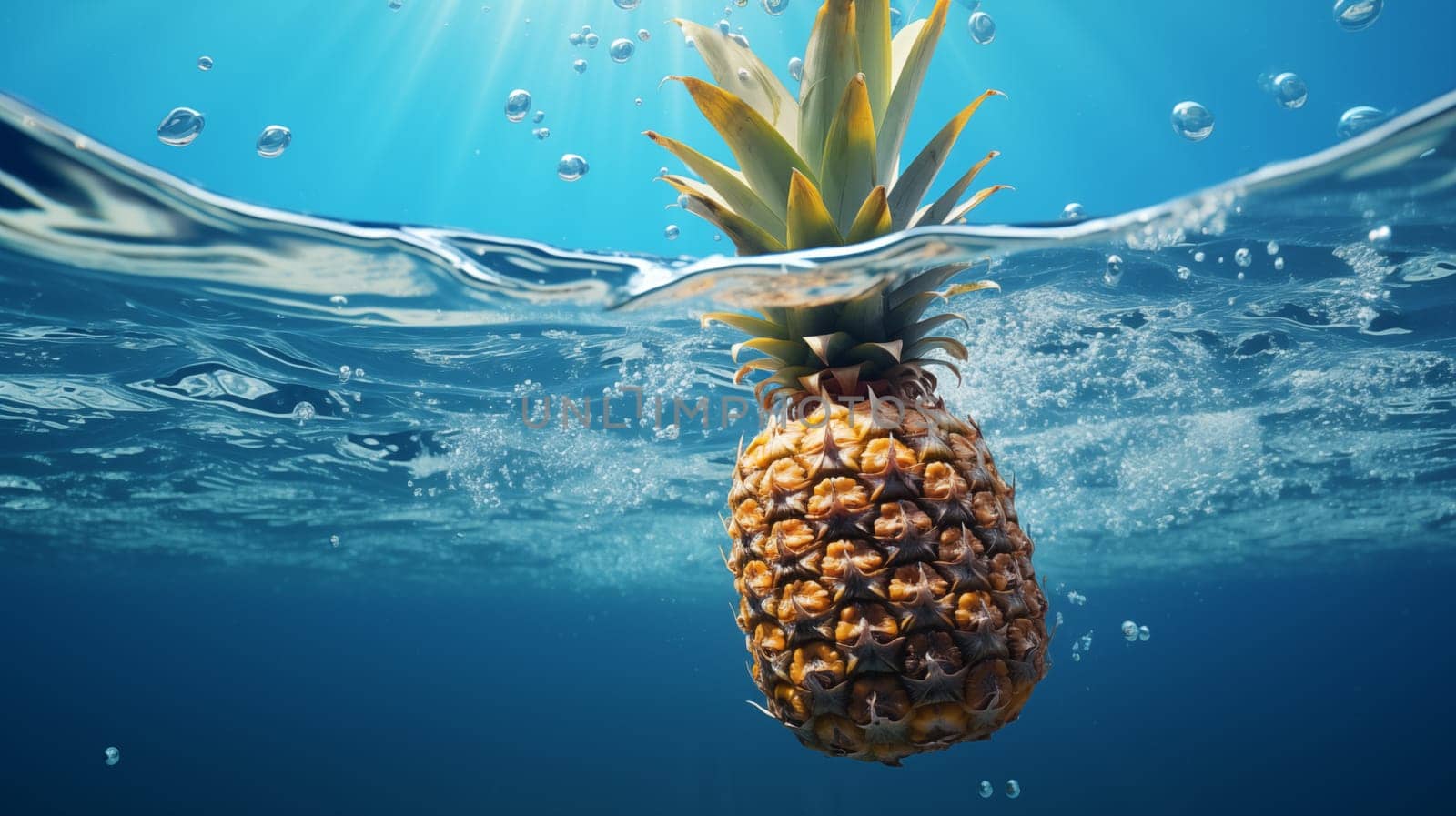 Fresh pineapple under blue water, with splashes and air bubbles by Zakharova
