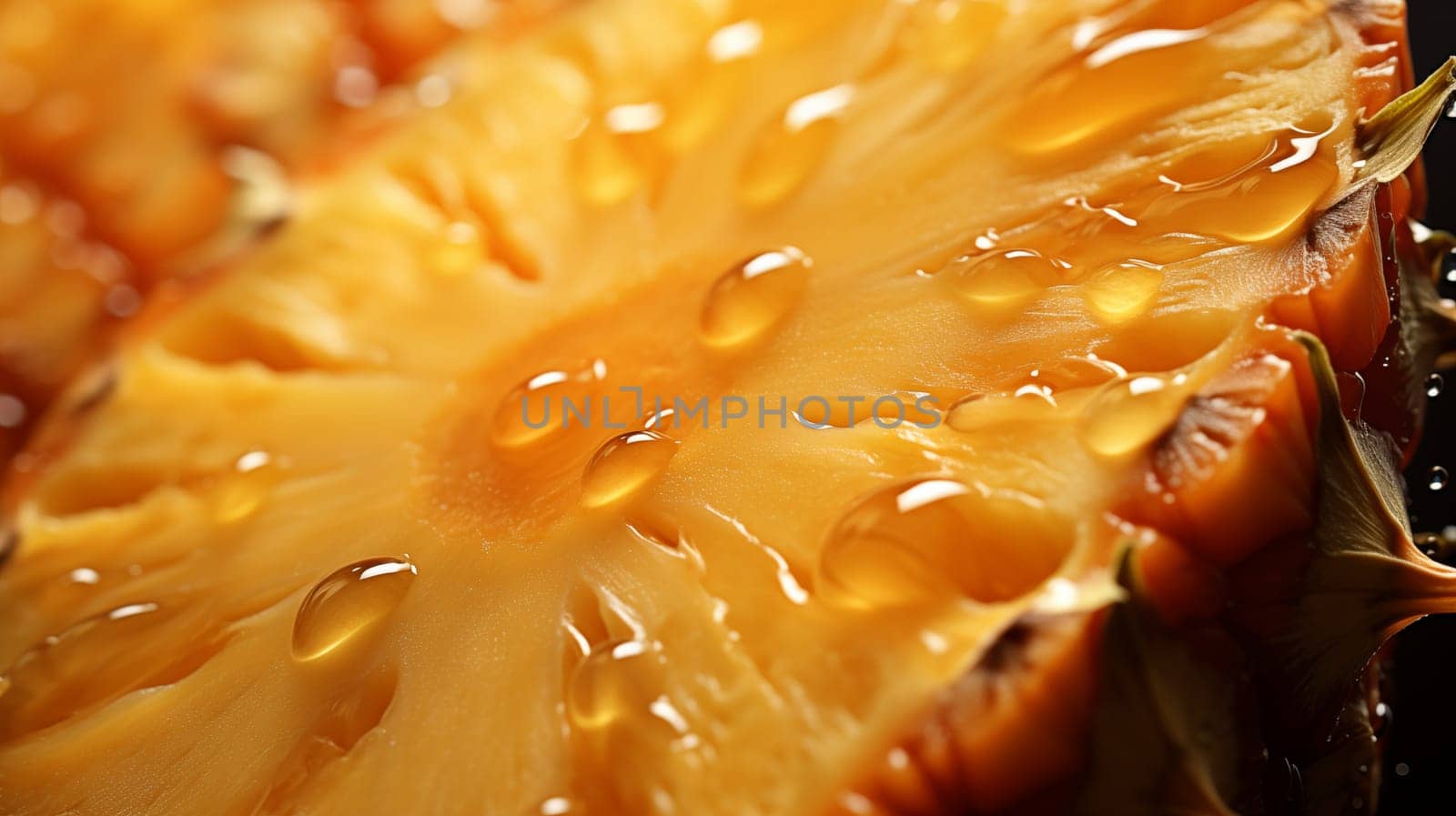 Close-up of a cut of a fresh pineapple fruit with drops of juice.