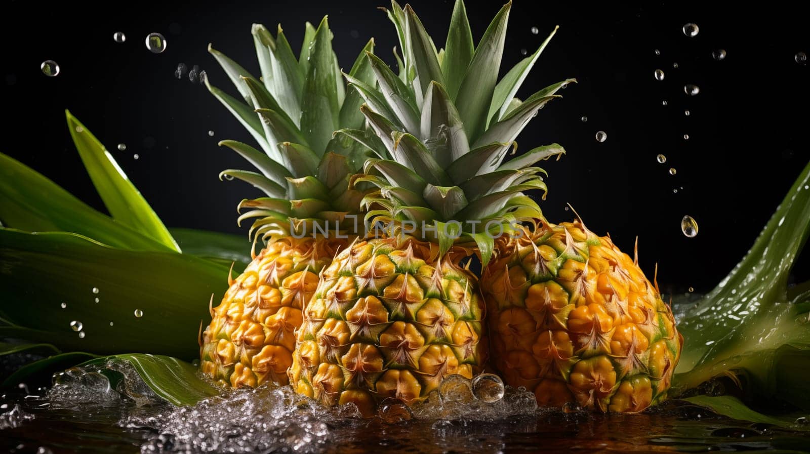 Three beautiful fresh pineapple fall in water, with splashes, black background.