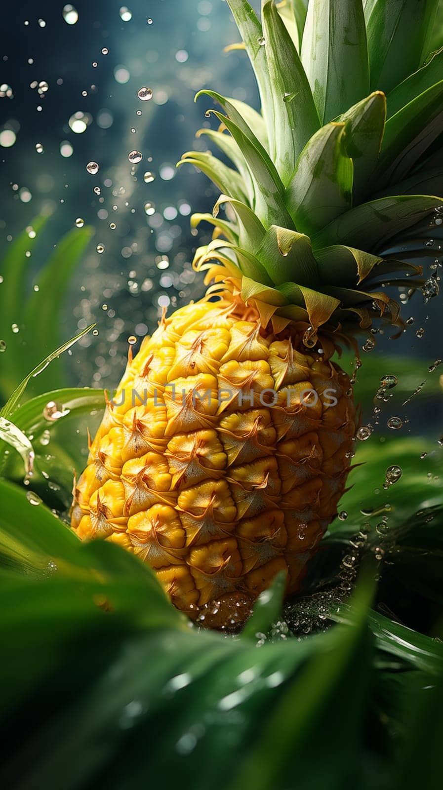 Close up pineapple falls under water, with splashes and air bubbles. Vertical