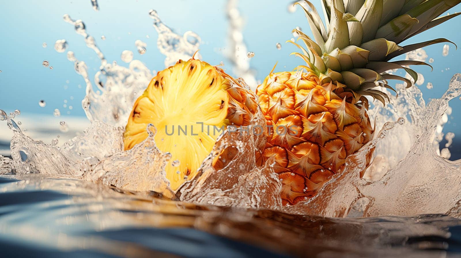 Beautiful fresh pineapple fall in blue water, with splashes and air bubbles by Zakharova