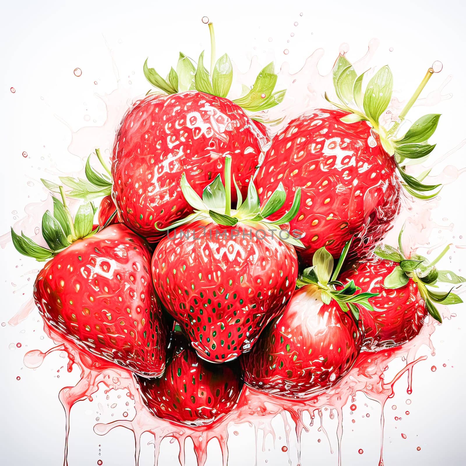 Delicate allure, Ripe strawberries depicted in watercolor, bringing a vibrant burst of freshness to a serene white background.