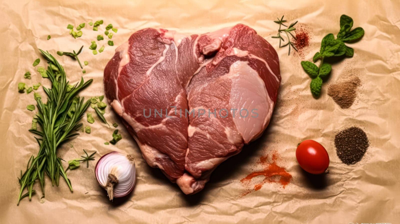 Heartfelt flavor, Heart shaped beef steaks on parchment, a romantic culinary touch on a white isolated background. Ideal for creative stock photos. by Alla_Morozova93