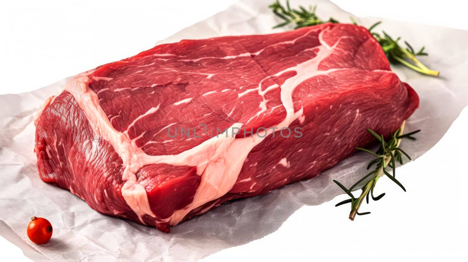 Gourmet preparation, Raw beef tenderloin on parchment with spices and herbs, a culinary elegance on a white isolated background in stock photos.