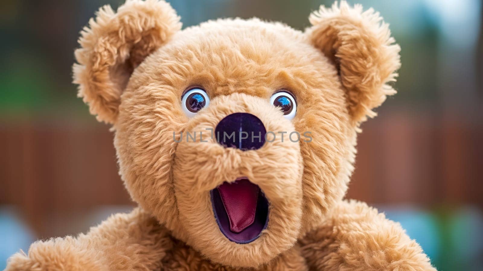 teddy bear with a surprised expression, its mouth wide open, and its eyes wide and bright against a blurred background