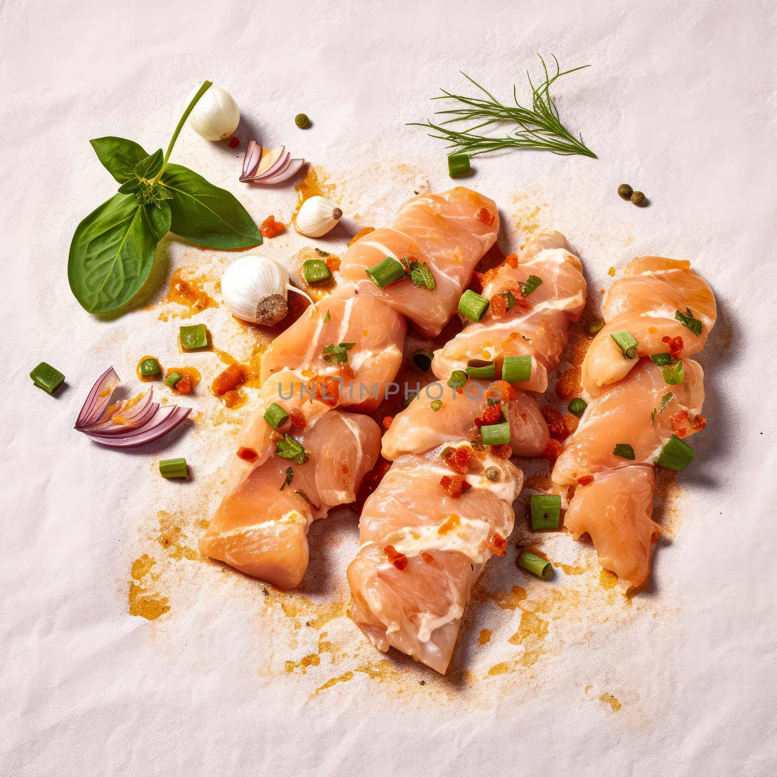 Savor the anticipation, Raw pork slices on skewers, expertly seasoned and ready for culinary mastery. White isolated background for a striking visual appeal