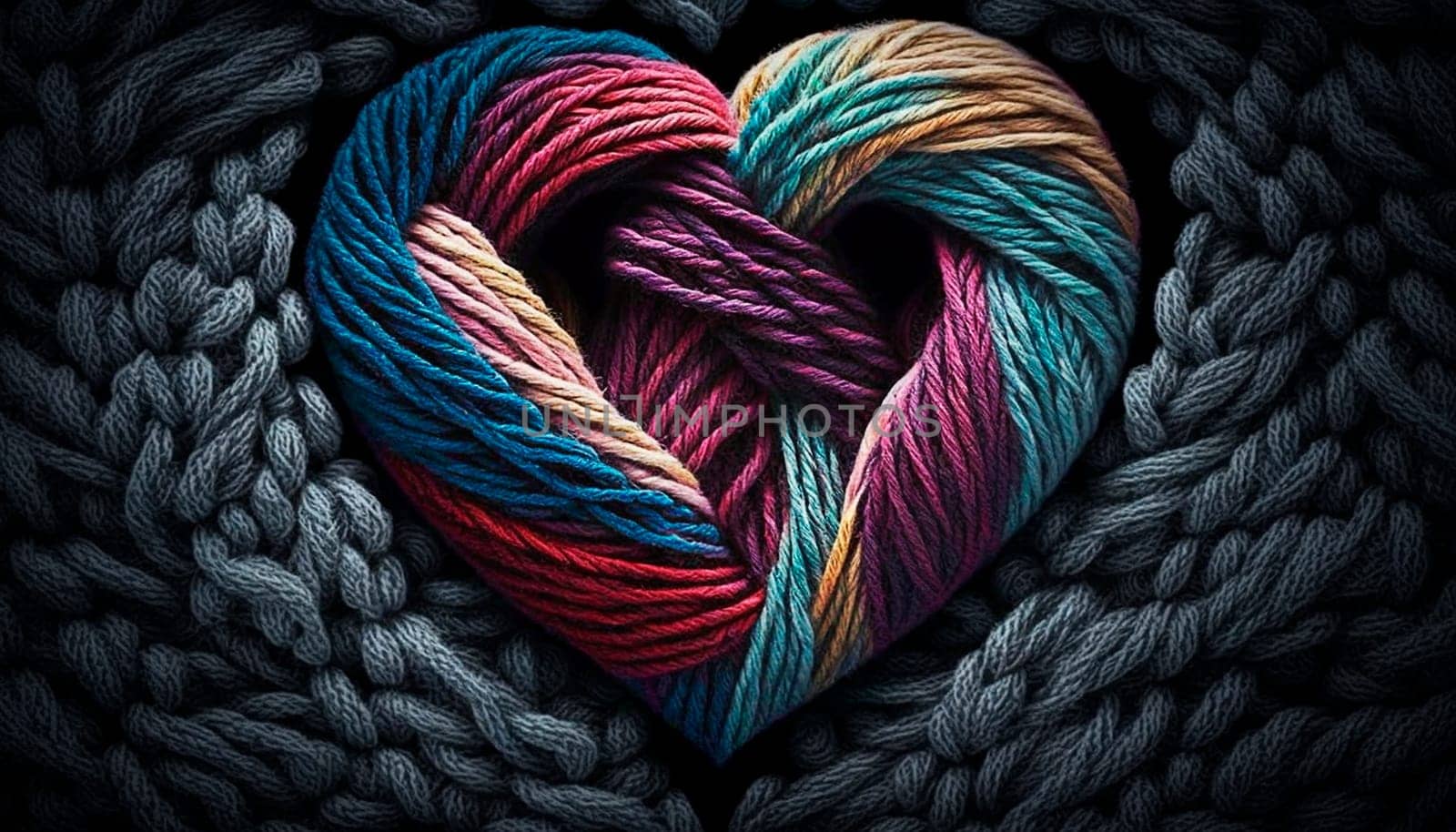 yarn for knitting multi-colored threads in the shape of hearts a lot. Generative AI, by mila1784