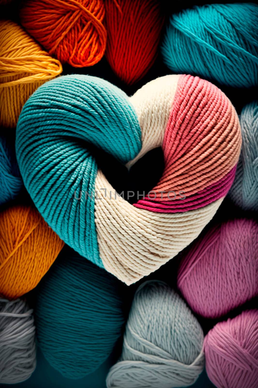 yarn for knitting multi-colored threads in the shape of hearts a lot. Generative AI, by mila1784