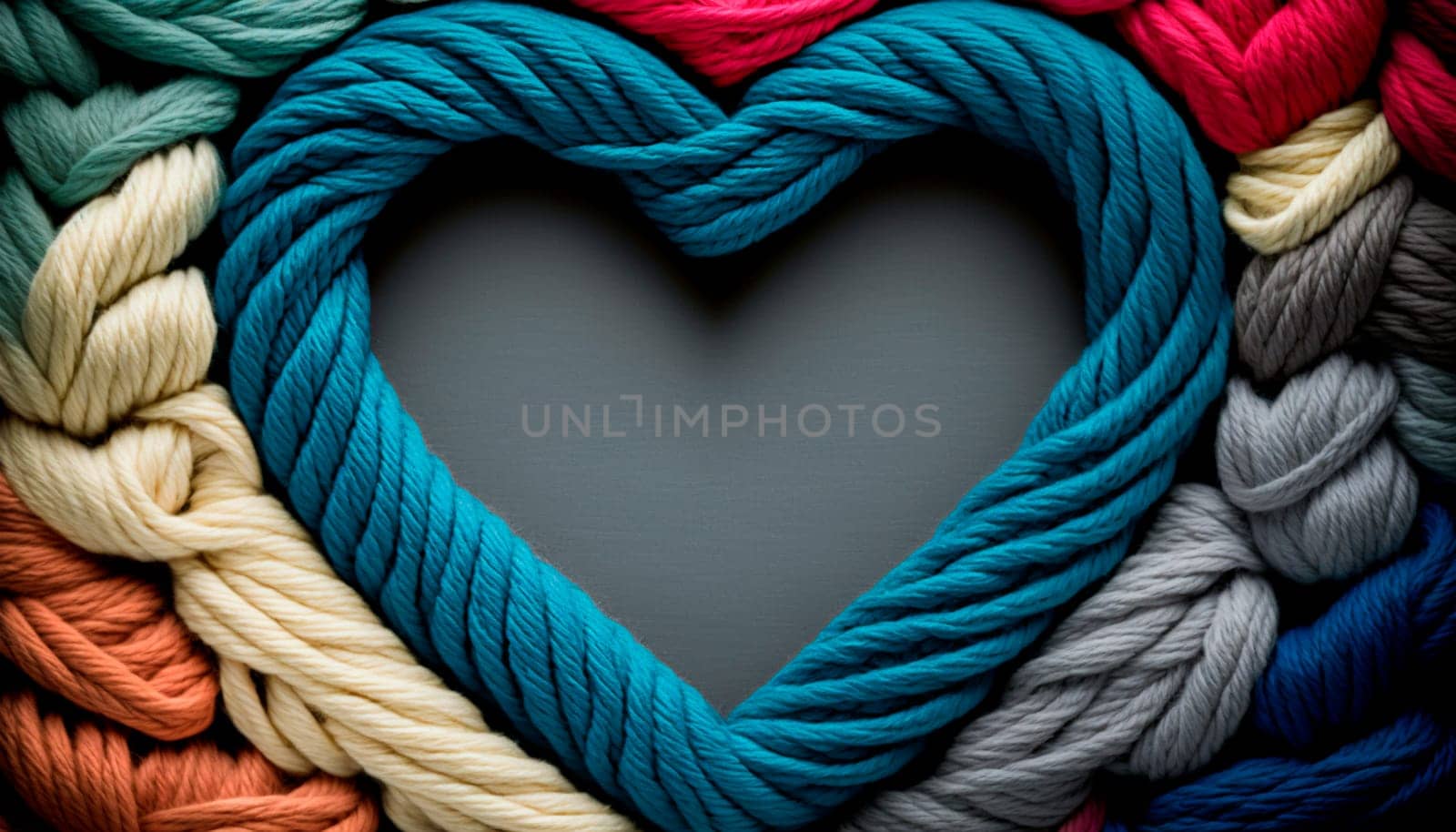 yarn for knitting multi-colored threads in the shape of hearts a lot. Generative AI,