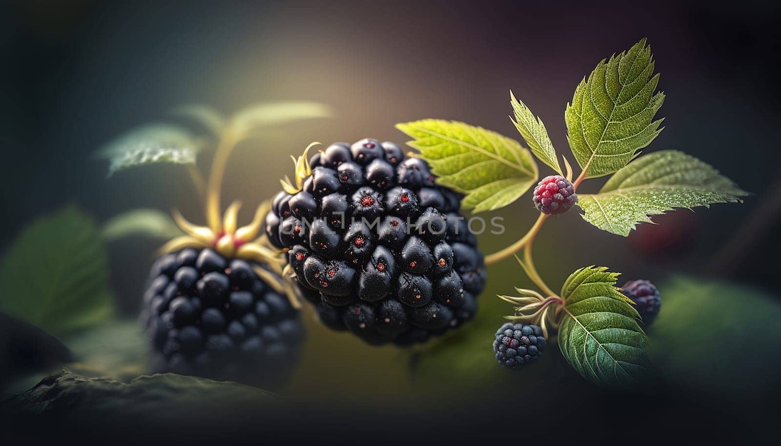 Blackberry on the branch harvest. Generative AI. by mila1784