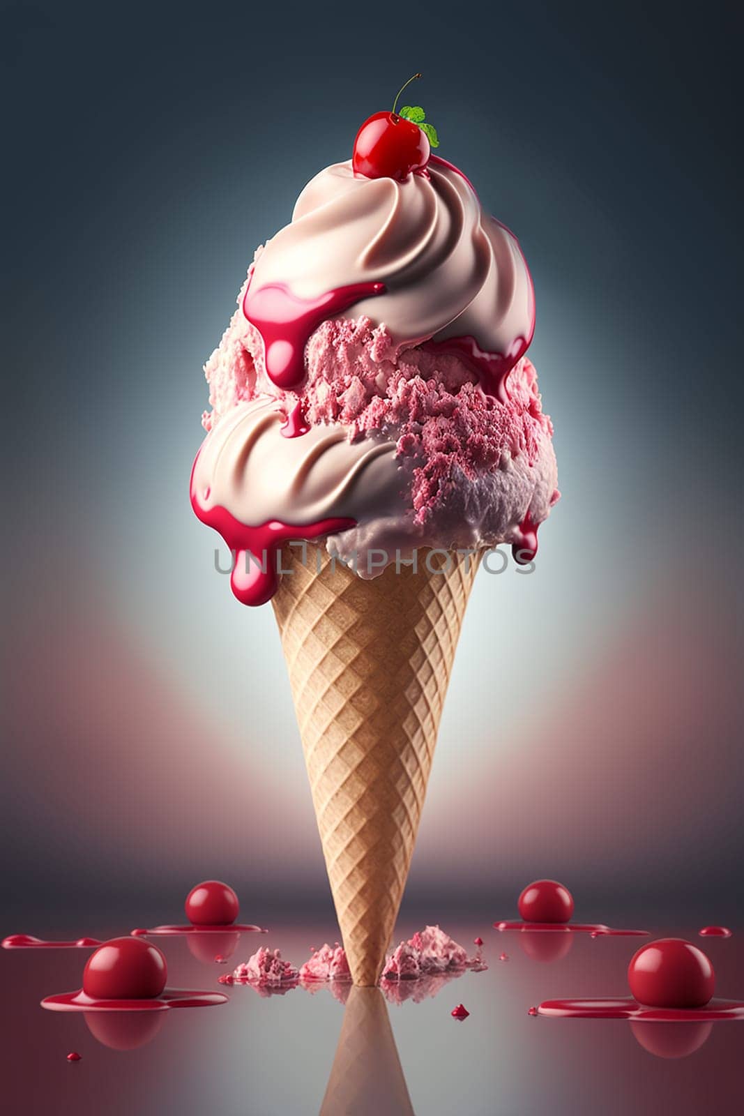 Ice cream cone with cherries. Generative AI, by mila1784