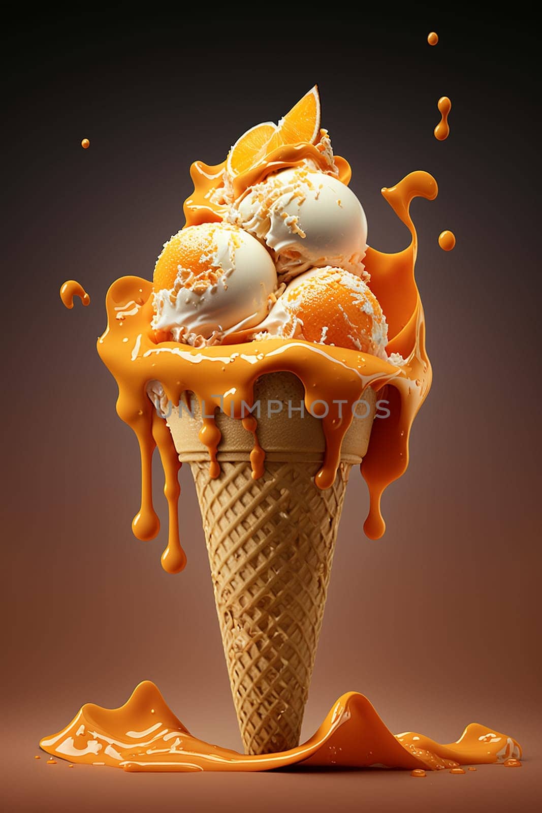Ice cream cone with orange. Generative AI, by mila1784